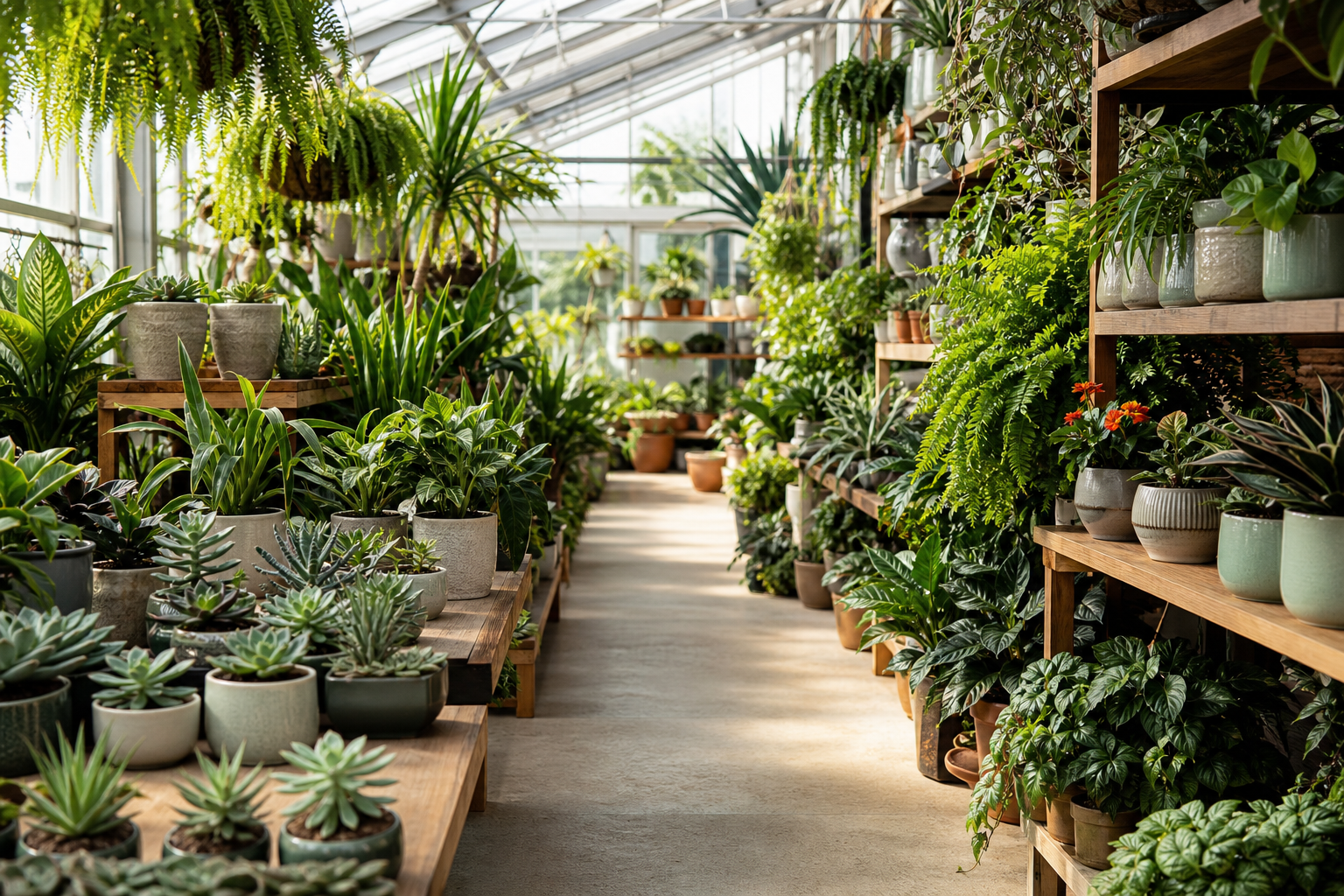 Vivero con plantas ornamentales, suculentas y helechos en estantes de madera